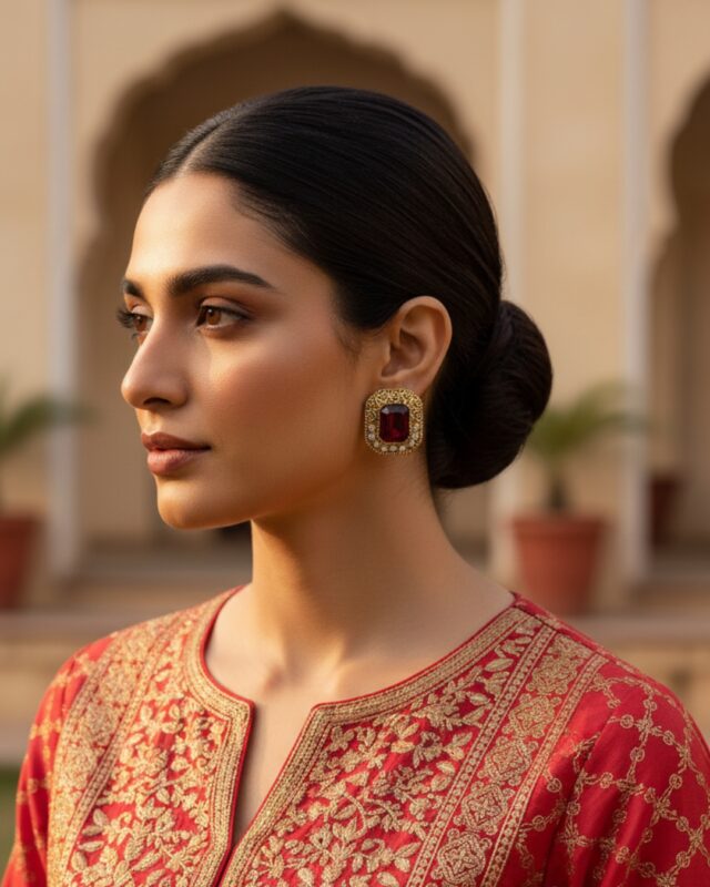 Gold red stone stud earrings