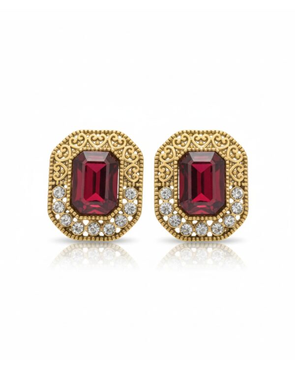 Gold red stone stud earrings