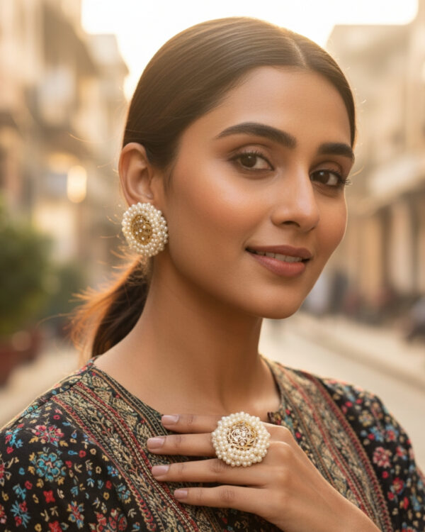 White Pearls Circular Earing with Ring