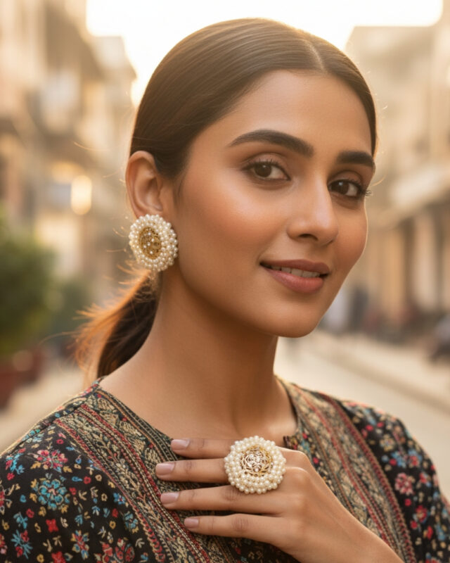 White Pearls Circular Earing with Ring