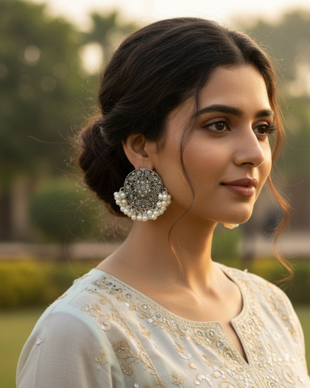 BT-J2-115 Equistique ethnic pearls paved earrings in Silver and Black