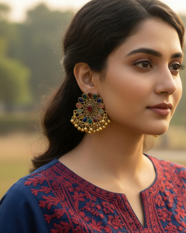 Oxidized multi-color floral earrings with elegant floral patterns and vibrant accents