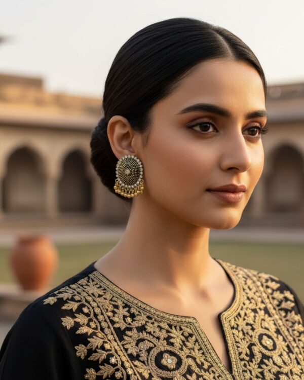 Elegant circular motiv stone earrings with sparkling design for women.