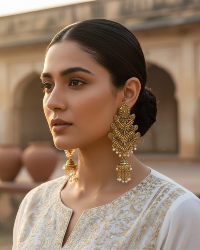 Vintage triple-layer traditional jhumki earrings with ethnic detailing.