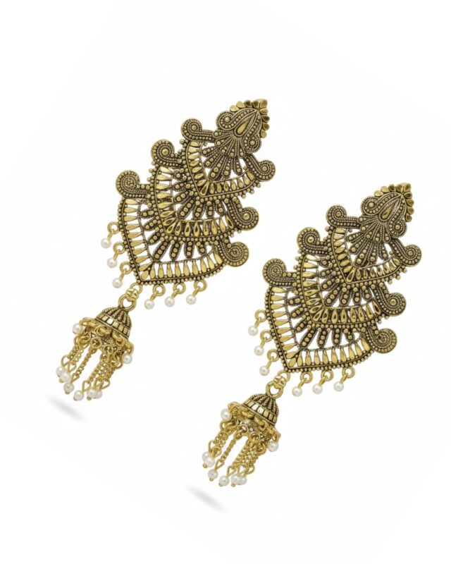 Vintage triple-layer traditional jhumki earrings with ethnic detailing.