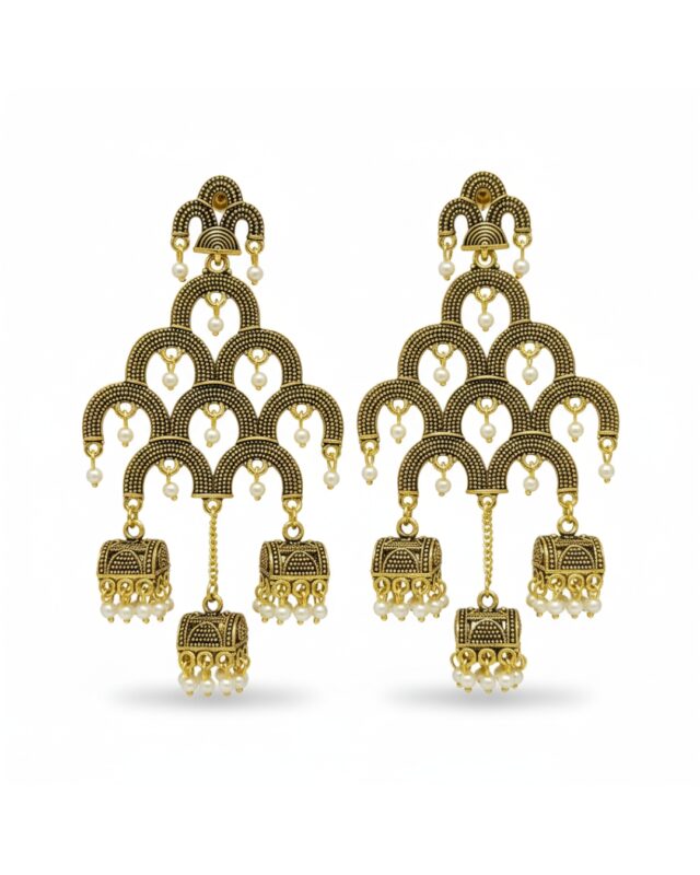 Radha Indian style double-layer traditional jhumki earrings with ethnic design.