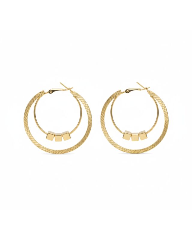 Triple layer circular gold hoop earrings with a modern trendy design.