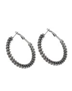 Black and silver circular hoops with engraved stone detailing.