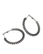 Black and silver circular hoops with engraved stone detailing.