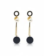 Black and gold pearl drop earrings with elegant design.