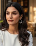 Circular hoop earrings with floral design detailing.