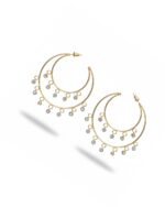 Double layer silver hoop earrings adorned with sparkling stones.