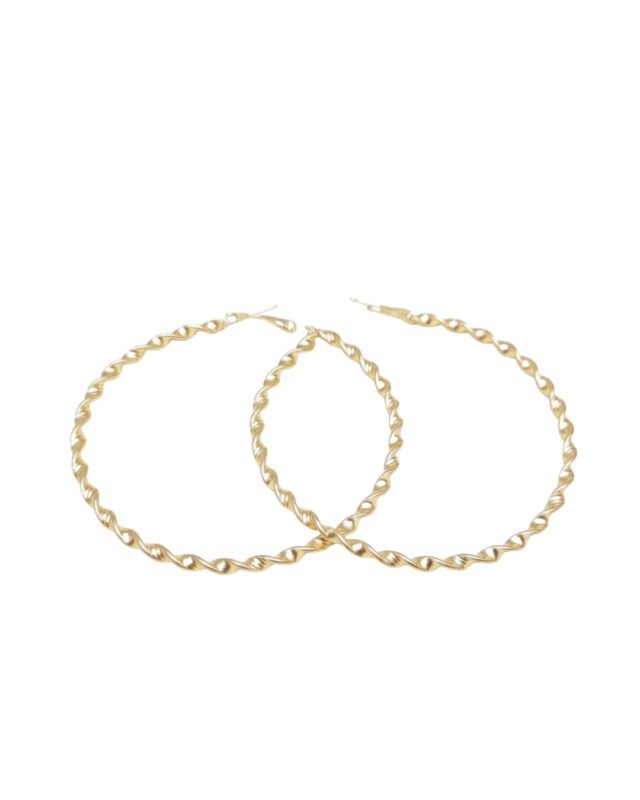 Twisted circular gold hoop earrings with a stylish textured design.
