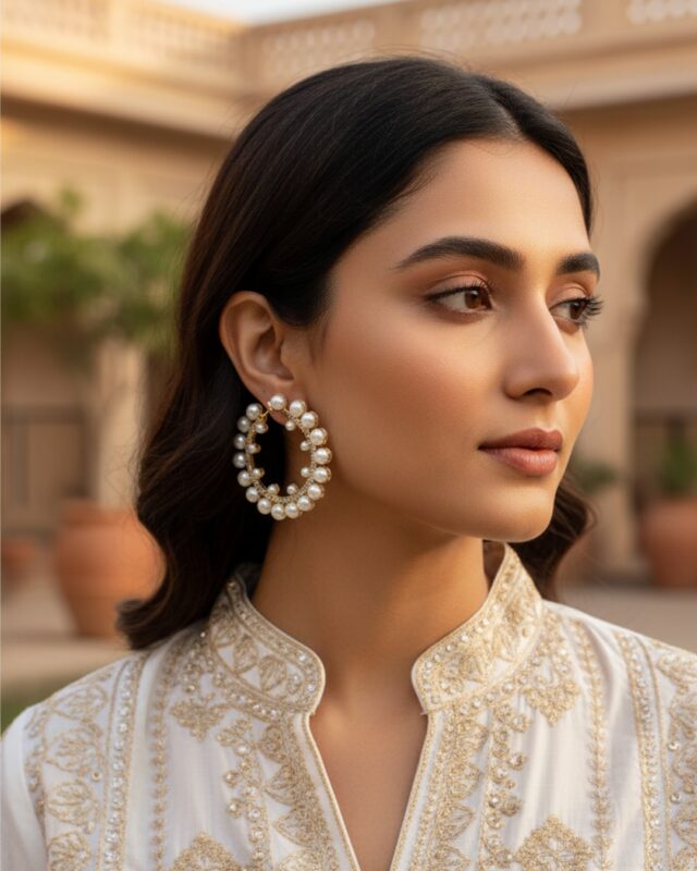 White pearl round hoop earrings