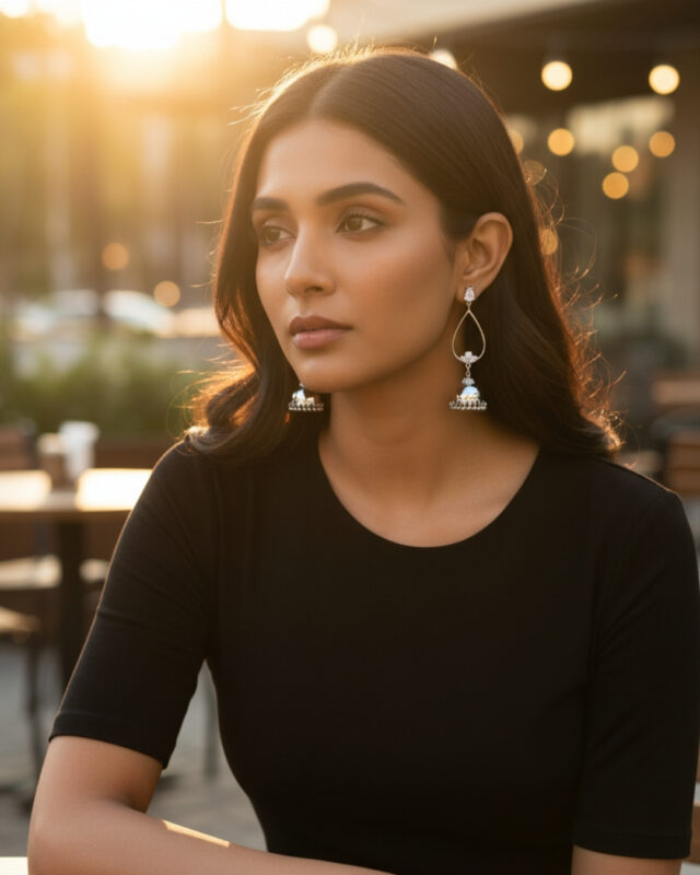 Silver pear drop Korean style jhumki with elegant modern design