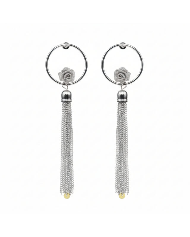 Flower circle hanging silver earrings with delicate floral design