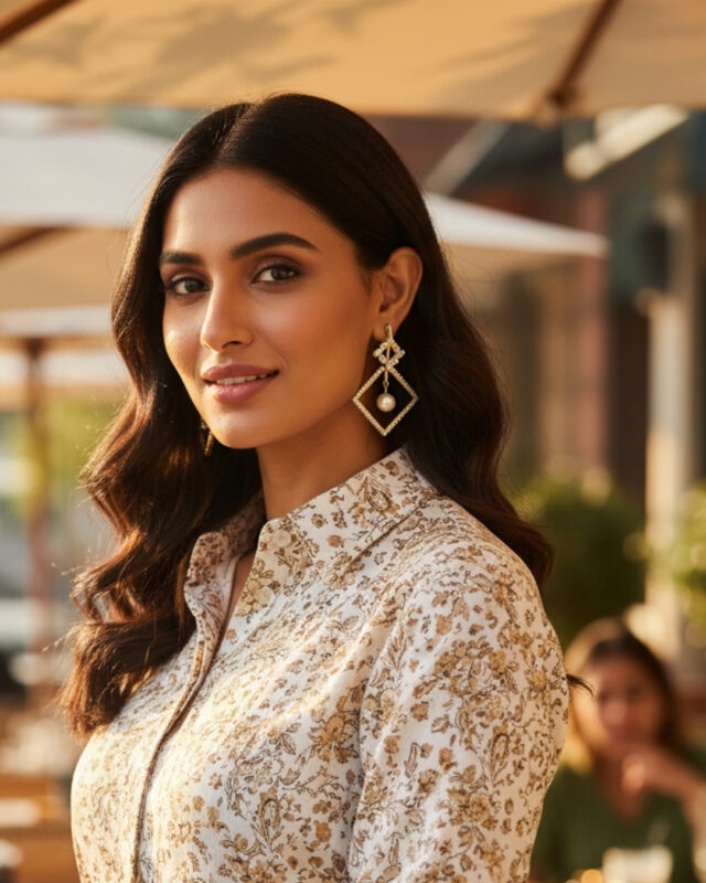 Triangular earrings embedded with sparkling stones in a modern geometric design