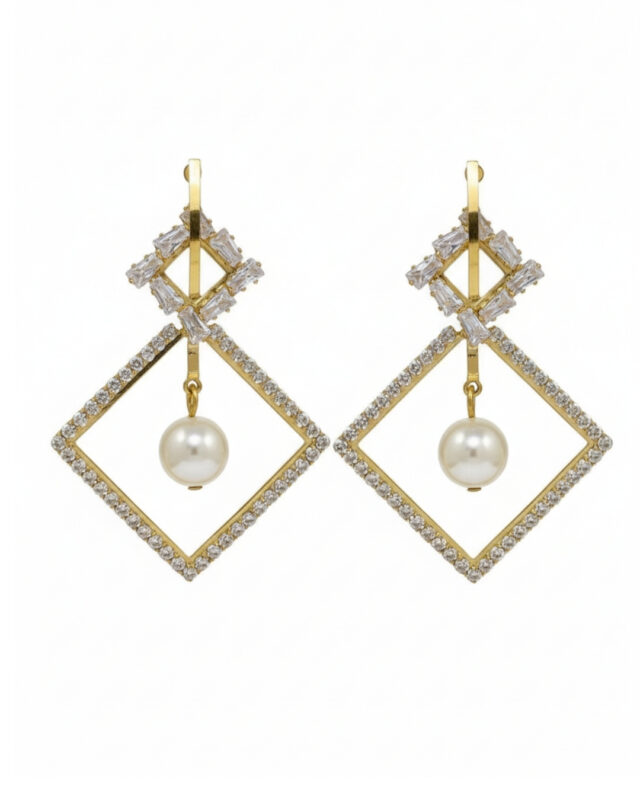 Triangular earrings embedded with sparkling stones in a modern geometric design