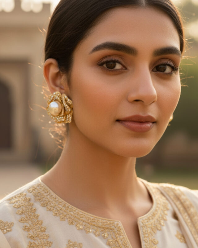 Rose flower earrings with sparkling stone detailing in an elegant design