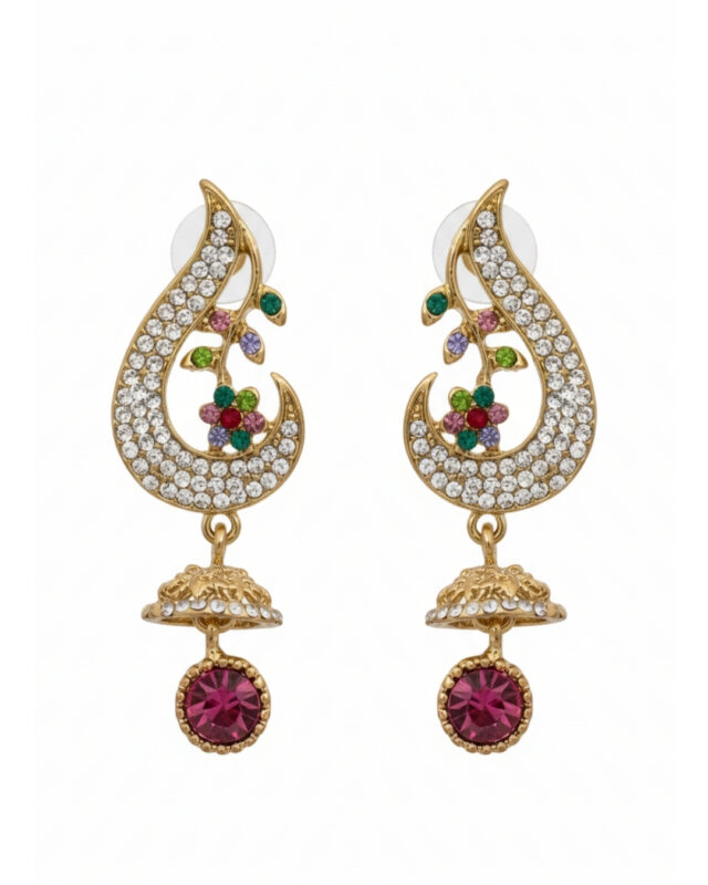 Half pear earrings with sparkling pink stone embellishments in a modern design