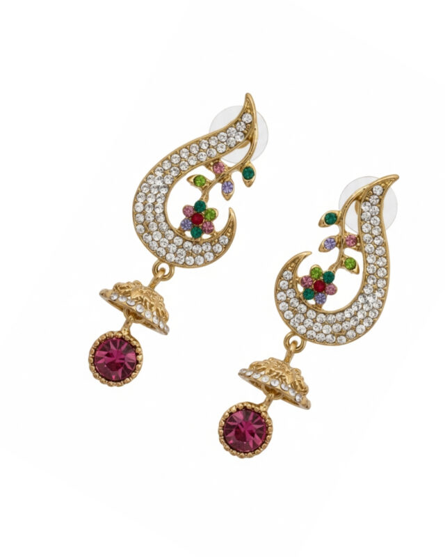 Half pear earrings with sparkling pink stone embellishments in a modern design