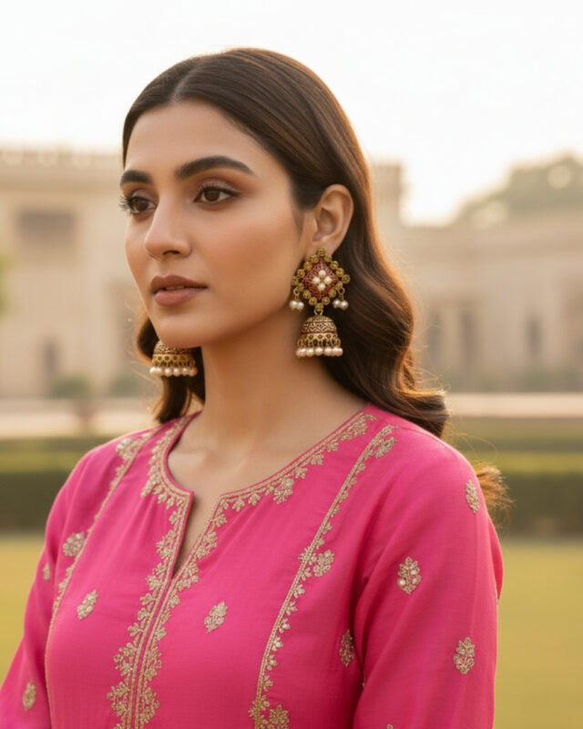 Pink pattern stones jhumki with elegant traditional design