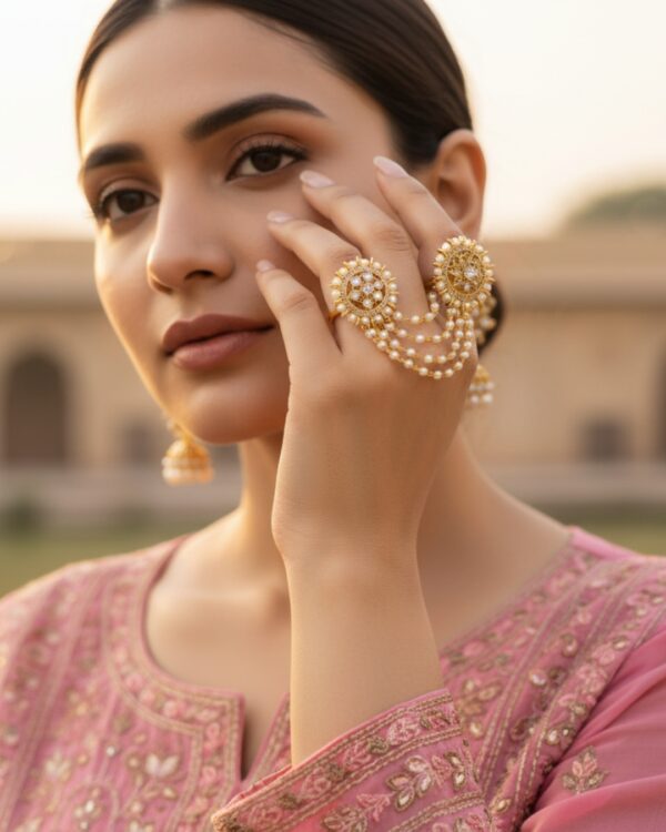 Kundan 2 in 1 ring with pearl chains